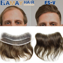 Load image into Gallery viewer, Gamay Hair Half  Lace Half Pu V Shape Mens Frontal Hairline Hairpiece Invisible Human Hair Piece Mens Frontal Hair Patch 6" - E-wigs Gamaytoupee